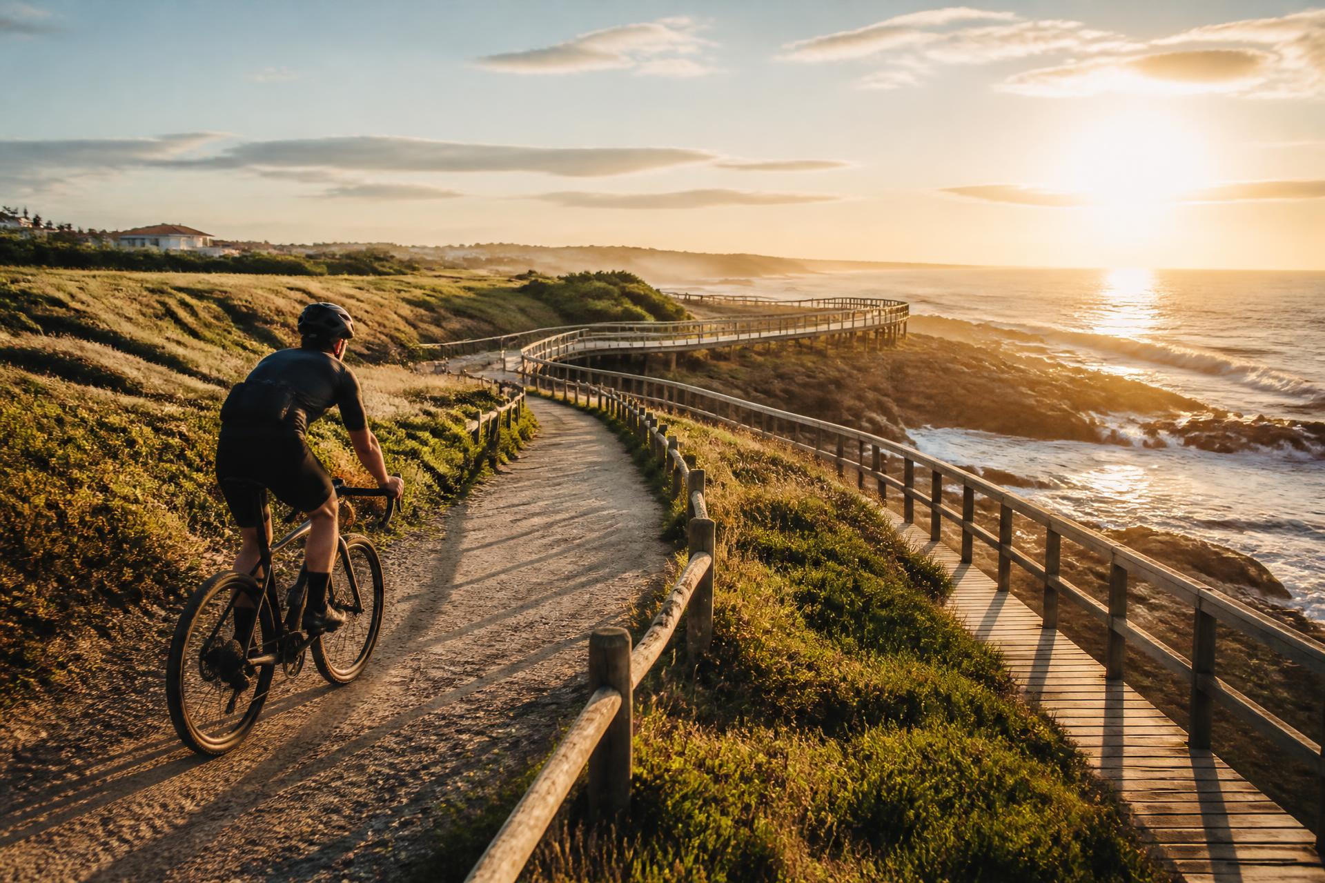 Cyclist on a coastal bike path in northern Portugal at sunset